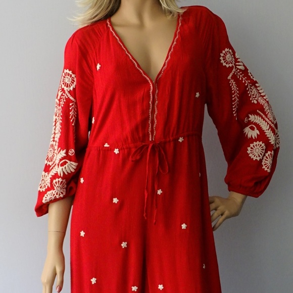 Free People Pants - Free People Red Embroidered Wide Leg Jumpsuit NWT